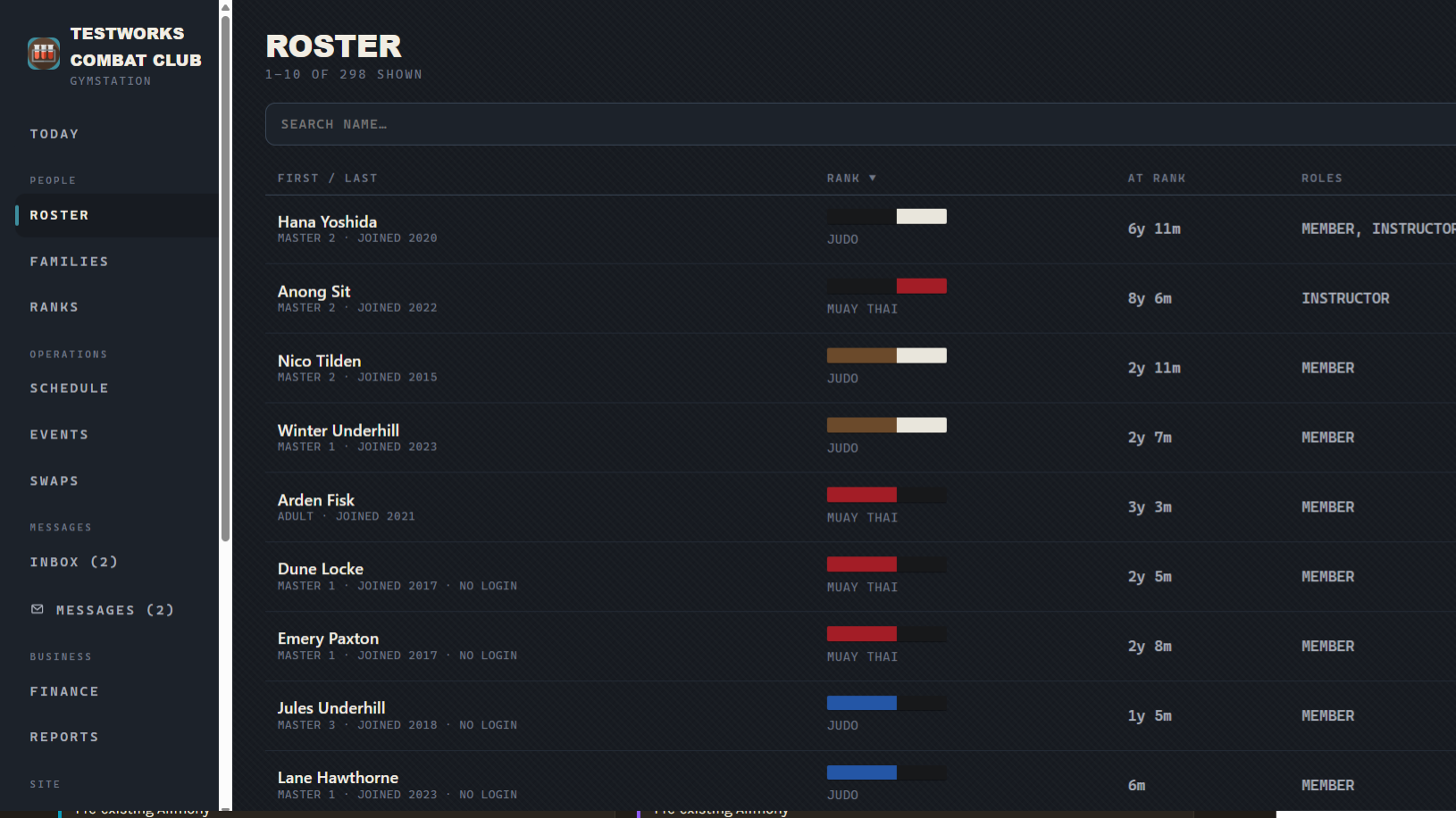 GymStation roster view with various belt ranks showing