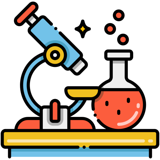Cartoony lab equipment showing a microscope and test tube with liquid